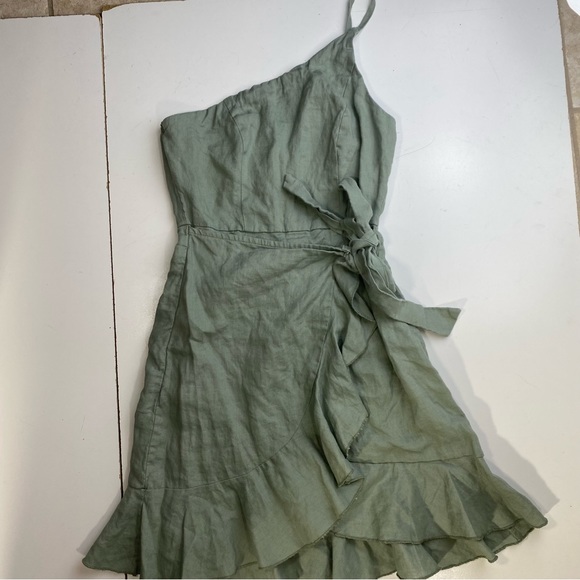 Seek The Label LightGreen 100% Linen One Shoulder Ruffle Tie Front Mini Dress XS - Picture 3 of 16